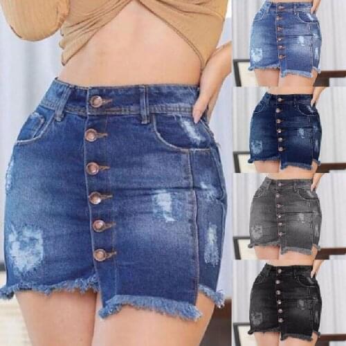 Women Summer Ripped Hole Denim Skirts Jeans Mini Skirt High Waist Button Tassel Skirts Jupe Femme