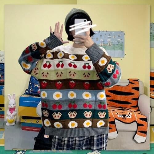 Bebobsons Women Winter Sweaters Japanese Sweet Strawberry Omelette Cherry Jacquard Thick Warm Knitted Tops Pullovers Casual