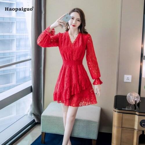 Plus Size Solid A-line Dress Women Red Full Flare Sleeve V-neck Ruffles Korean Elegant Lace Short Dress Wedding Party Dresses