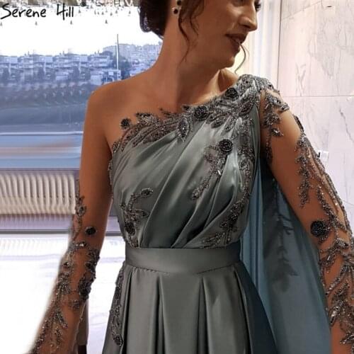 Dubai Blue O-Neck Beading Sexy Evening Dresses Design 2020 A-Line Satin Long Sleeves Formal Dress Serene Hill - DLA70505