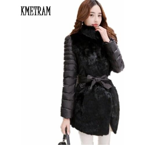 KMETRAM 100% Real Rabbit Fur Coat Patch winter jacket women Warm Slim Mid-long Blet Parka Stand Collar Chaqueta Mujer HH177