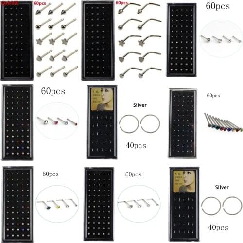 20/40/60pcs/box Colorful Stainless Steel Nose Hoop Nose Ring Stud Body Piercing Labret Jewelry Punk Style