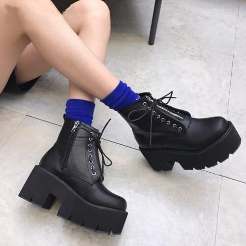 2020 Autumn Lace Up Block Thick Sole Platform Combat Boots Woman Shoes Gothic Punk Block High Heel Biker Ankle Boots YMA530