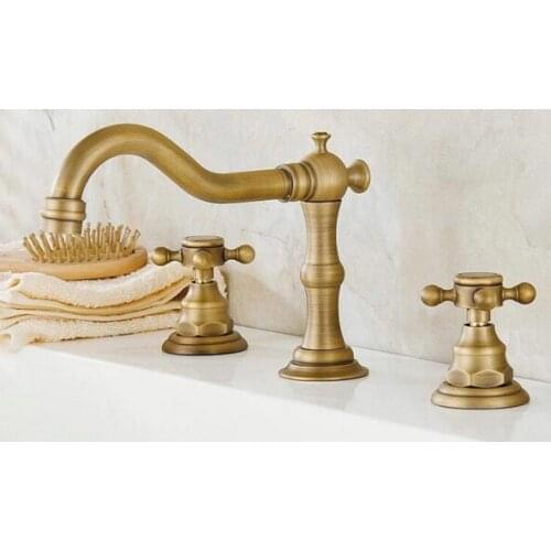 Antique Brass Widespread Deck-Mounted Tub 3 Holes Dual Cross Handles Kitchen Bathroom Tub Sink Basin Faucet Mixer Tap mnf023