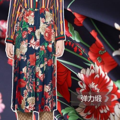 Stretch satin and twill digital printing fashion fabrics Europe and the United States new big red flower pattern wholesale