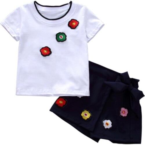 2Pcs Summer Kids Girls Casual Cute Embroidery Floral Short Sleeve T-shirt Tops + Mini Skirts Shorts Suit Sets f