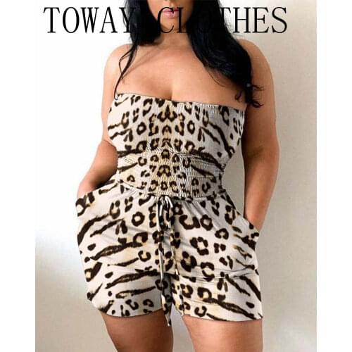 Leopard Print Bandeau Sleeveless Slim Romper Multicolor Print Bandeau Sleeveless Pocket Slim Romper