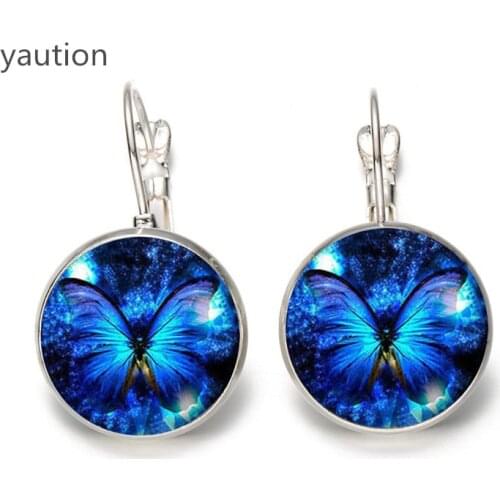 Hot! Blue 3D Symphony Butterfly Earrings Green Butterfly Crystal Jewelry Accessories Ear Loop Dome Glass Cabochon Earrings