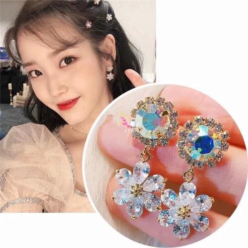 MWSONYA New Korean TV Star Shiny Crystal Flower Petal Drop Earrings for Women Korean Fashion Jewelry Accessories