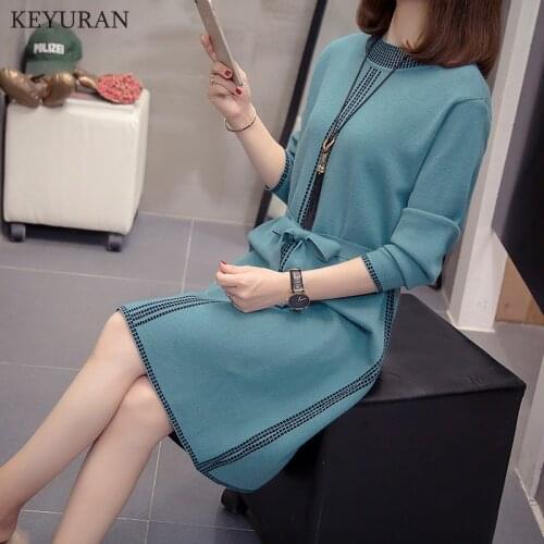 New Spring Autumn Fashion Round Neck Knitted Dress Elegant Ladies Sashes Long Sleeve Loose Sweater Dresses Work wear Vestidos