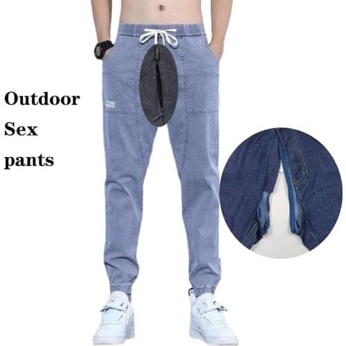 New Mens Crotch Opening Car Drivers Love Elastic Denim Pants Summer Thin Legged Harlan Students' Versatile Trend Casual Pants