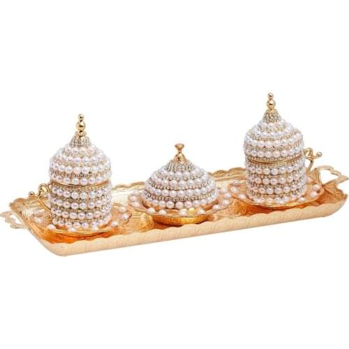 8 pcs Tray Coffee Cup Sugar Bowl 2 Different Colors Gold Silver coffe tea holder capsule holder cup set pots turkish Ottoman