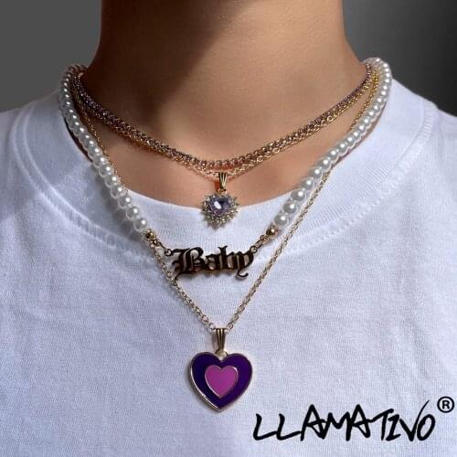 Fashion Multilayer Enamel Heart Imitation Pearl Beads Necklace For Women Metal Letter Crystal Tennis Chain Necklaces New Jewelry