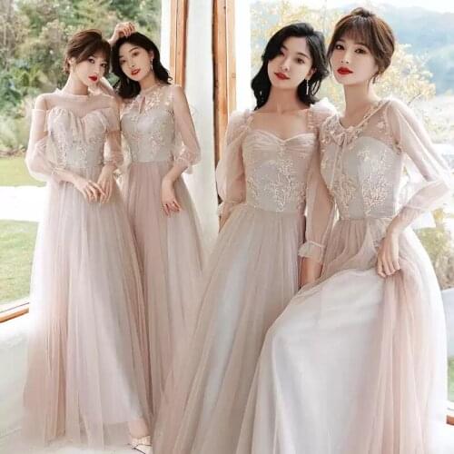 Bridesmaids Dresses Three Quarter O-Neck Tulle Lace Embroidery Off The Shoulder A-Line Floor-Length Lady Wedding Party Gown E459