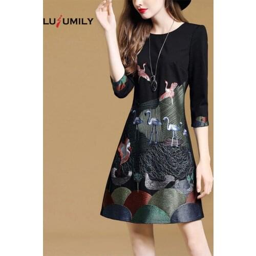 Lusumily 2021 Dress Plus Size 3XL Embroidery Elegant Print Vintage Dress Women Black Half Sleeve Retro Robe Feminino Vestidos