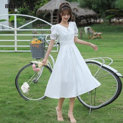 Mori Girl New Summer Women Long Dress Peter Pan Collar White Sweet Slim-waisted Dress Short Sleeve Elegant Chic Lady Midi Dress