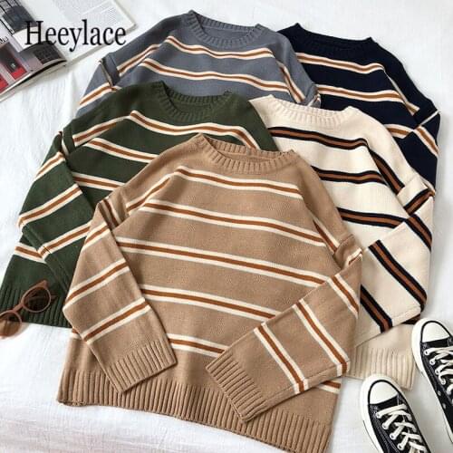 Vintage Stripe Sweaters Women Loose Oversize Korean Style Pullover Top Autumn Winter Long Sleeve Knitted Sweater Femme 2021