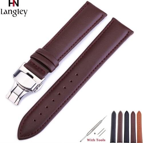 Genuine Leather Watchband For Wristwatch Straps Double Press Butterfly Buckle 12mm/14mm/16mm/18mm/19mm/20mm/22mm/24mm With Tool