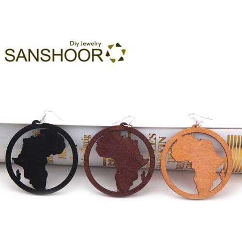 SANSHOOR Black Brown Wooden Earrings With African Motherland Map Ethnic Bohemia Jewelry As Gifts For Women Christmas Gift 6Pairs