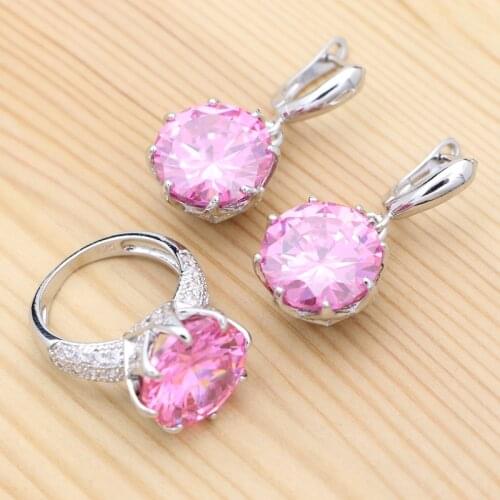 925 Silver Wedding Jewelry Set for Women Earrings Ring Round Pink Cubic Zirconia Crystal Silver Jewelry