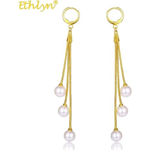 Ethlyn Jewelry New Arrival Gold Color Drop Earrings Pearl Temperament Long Woman Luxurious Paragraph Fashion Earrings E106