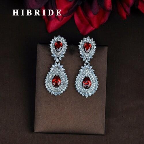 HIBRIDE New Red Cubic Zirconia Long Drop Earring Brincos For Women Jewelry Elegant Earrings Party Gifts Wholesale E-856