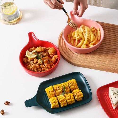 Nordic Color Glaze Baking Pan Household Creative Handle Plate Hotel Western Restaurant Dessert Plate Ins Ceramic Tableware