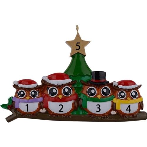Owl Family of 4 Polyresin Glossy Personalized Christmas Ornaments with Green Tree Golden Star for Decorative Crafts