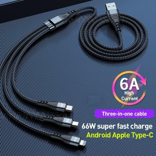 Super Charge 3 in 1 USB Cable for Huawei for iPhone 12 11 Pro Max 3in1 2in1 Fast Charge 8 Pin Micro USB Type C Cable for Samsung