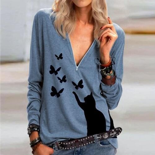 Vintage Woman Tshirts Womens Fashion Casual Cat Printed Zip Pullover Sport Long Sleeve T-Shirt Graphic T Shirts Mujer Camisetas