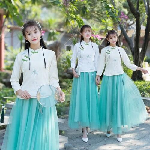 Green button seven point Sleeve Chiffon mesh swing skirt womens dress Republic of China style improved daily Hanfu