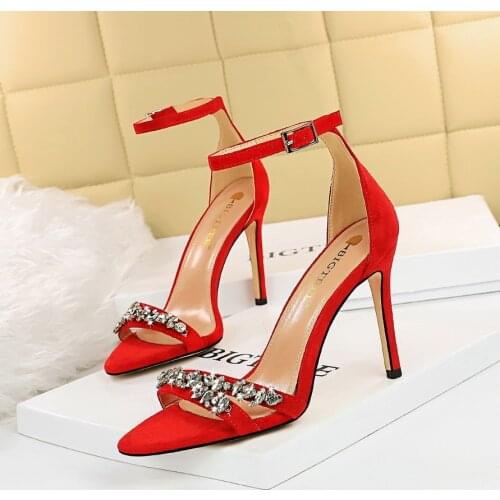 2021 Summer Women 10.5cm High Heels Sandals Crystal Buckle Blue Green Heels Silk Suede Sandals Wedding Bridal Pumps Fetish Shoes