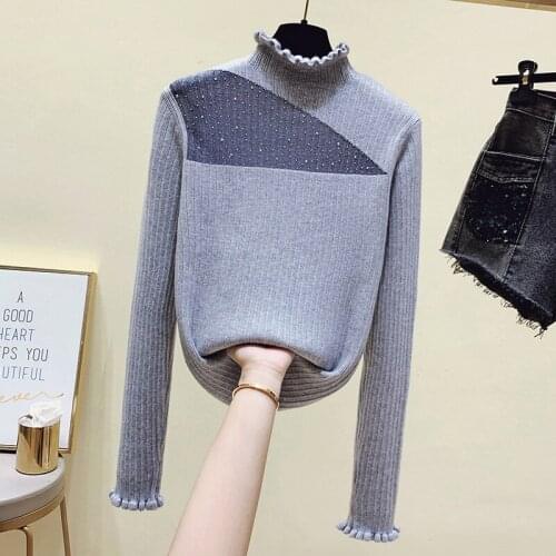 2021 Ruffled Collar Lace Patchwork Woman Autumn Pullover Elegant Rhinestone Yarn Hollow Out Sweater Winter Gray Diamonds Jumpers