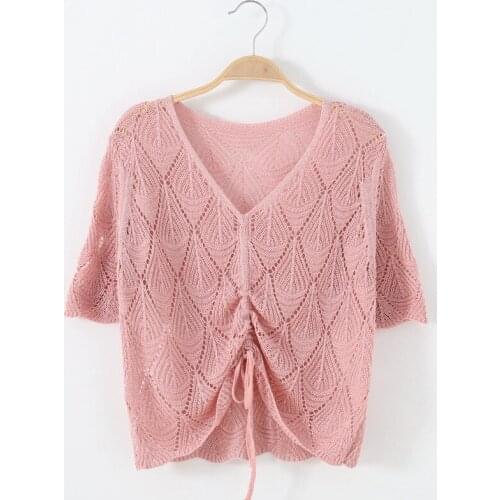 Spring Summer Sexy Women Knitted Pullovers Seven Quarter Sleeve V-Neck Thin Sunscreen Hollow Out Tops Loose Basic Clothes