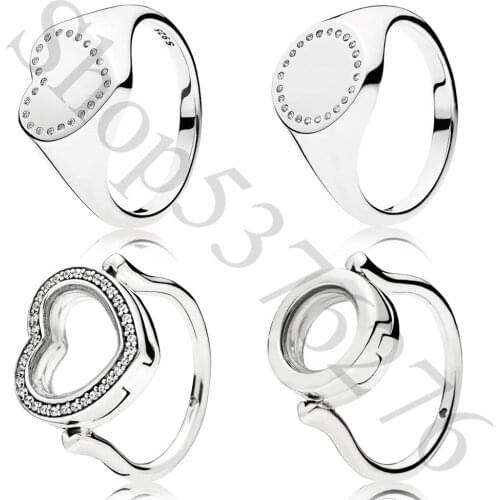 925 Sterling Silver Sparkling Heart Circle Signet Floating Locket Fashion Ring For Pandora Women Bead Charm Gift DIY Jewelry