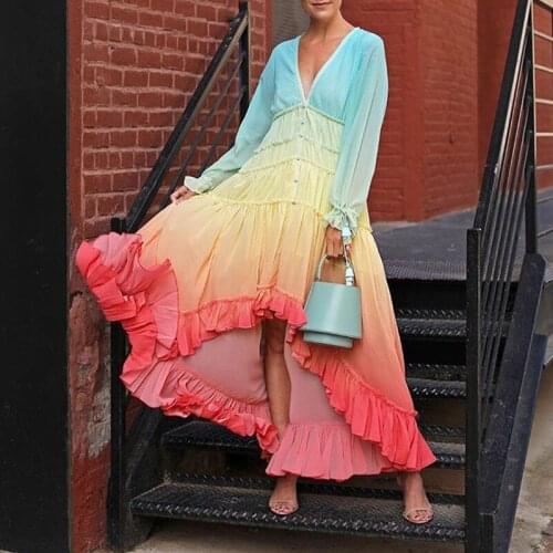 Gradient Color Long Sleeve Dress Women Holiday Vacation Beach Dress Ruffles Deep V-neck High Low Hem Dress Sunscreen Shirt Dress