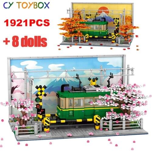 1921PCS City Street View Kamakura Train Architecture MOC Building Blocks Creator DIY Anime Car Figures Bricks Toys For Children