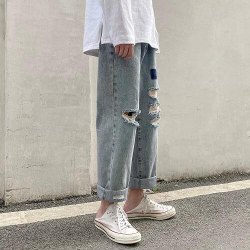 Fashion Streetwear Korean Mens Jeans 2021 Summer Vintage Blue Destroyed Ripped Jeans Broken Punk Pants Homme Hip Hop Jeans Men