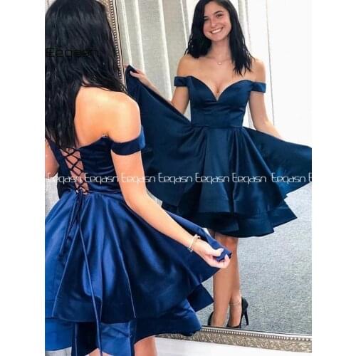 Eeqasn Fashion Navy Blue Short Prom Dress 2020 Off Shoulder Satin Girls Birthday Party Mini Gown Homecoming Gala Plus Size