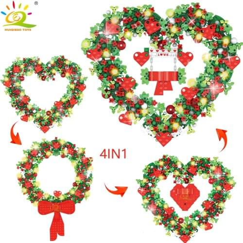 HUIQIBAO 808Pcs Heart Shaped Model Flower Wreath Building Blocks Ring Jewelry boxes Bricks Construction Children Toys For Girls
