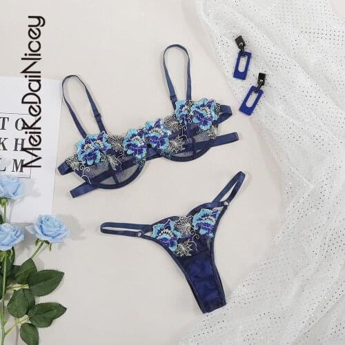 Women Underwear Set 2 Piece Floral Embroidery Lace Nightwear See Through Under Wear Bralette Sexy Femme Lingerie Costumes