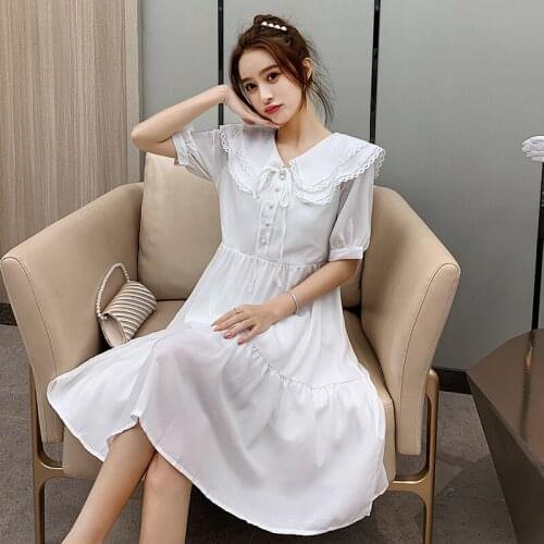 Red White Summer Loose Pregnant Women Dress Short Sleeve Peter Pan Collar Maternity Cotton Dress Sweet Ruffles Pregnancy Clothes