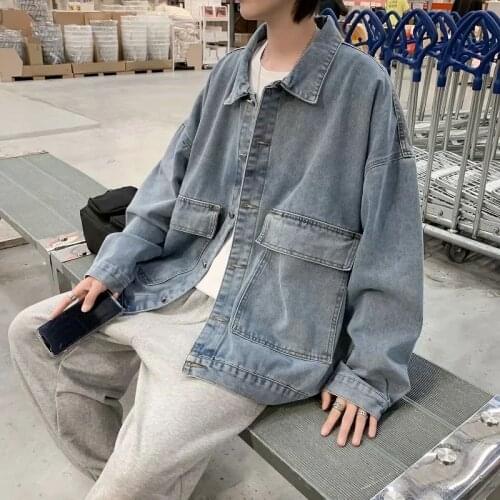 Spring Autumn Solid Color Tooling Jacket Men Korean Fashion Loose Casual Denim Jacket Men Harajuku Streetwear Bomber Jacket Men