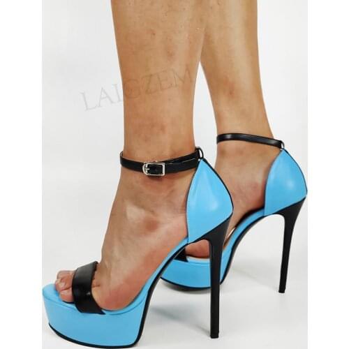 LAIGZEM SUPER Platform Sandals Stiletto Heels Ankle Strap Pumps Faux Leather Female Sandalia Shoes Ladies Woman Size 44 47 50 52
