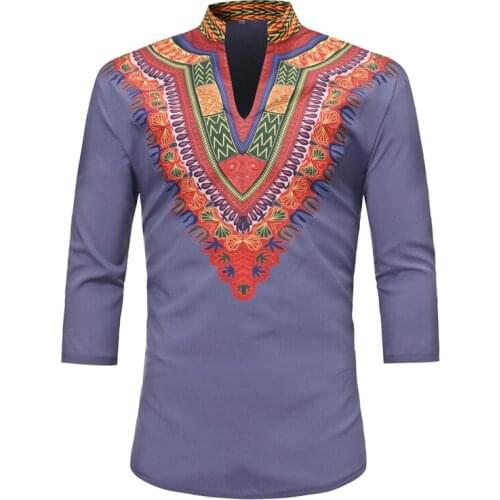 Fashion V Neck Long Sleeve Shirt Men Nice African Dashiki Shirt Mens Ethnic Printed Hip Hop Shirts Chemise Homme African Clothes