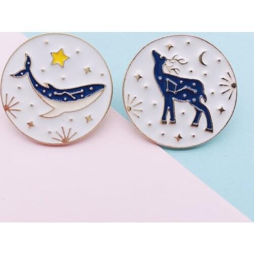 Cartoon Golden Round Animal Enamel Brooch Whale Elk Star Moon Alloy Pins Couple Badge Clothes Accessories Woman Jewelry Gift