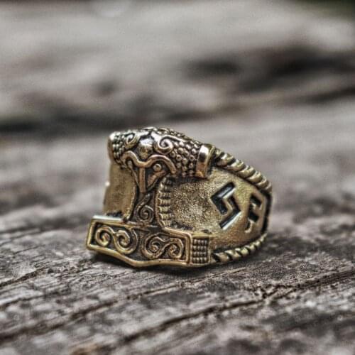 Viking Thor Hammer Gold Stainless Steel Men Ring Nordic Lucky Rune Mjolnir Amulet Rings