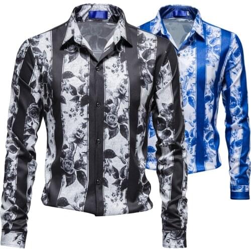 New Mens Flower Printing Long-sleeved Shirt Striped Long-sleeved Shirt Business Casual Shirt Nightclub Party Shirt