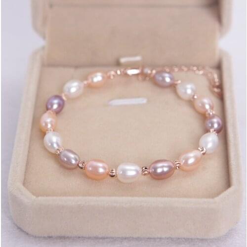 New Natural Freshwater white Pearl multicolor 7-8MM Rice shape Pearl Bracelet