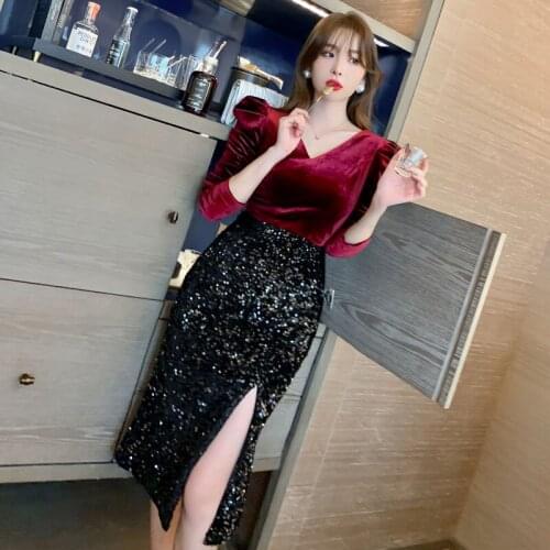 Patchwork Sequin Birthday Dress for Women Long Sleeve High Split Bodycon Club Dress Ladies Sexy Velvet Dress Winter Spring 2021